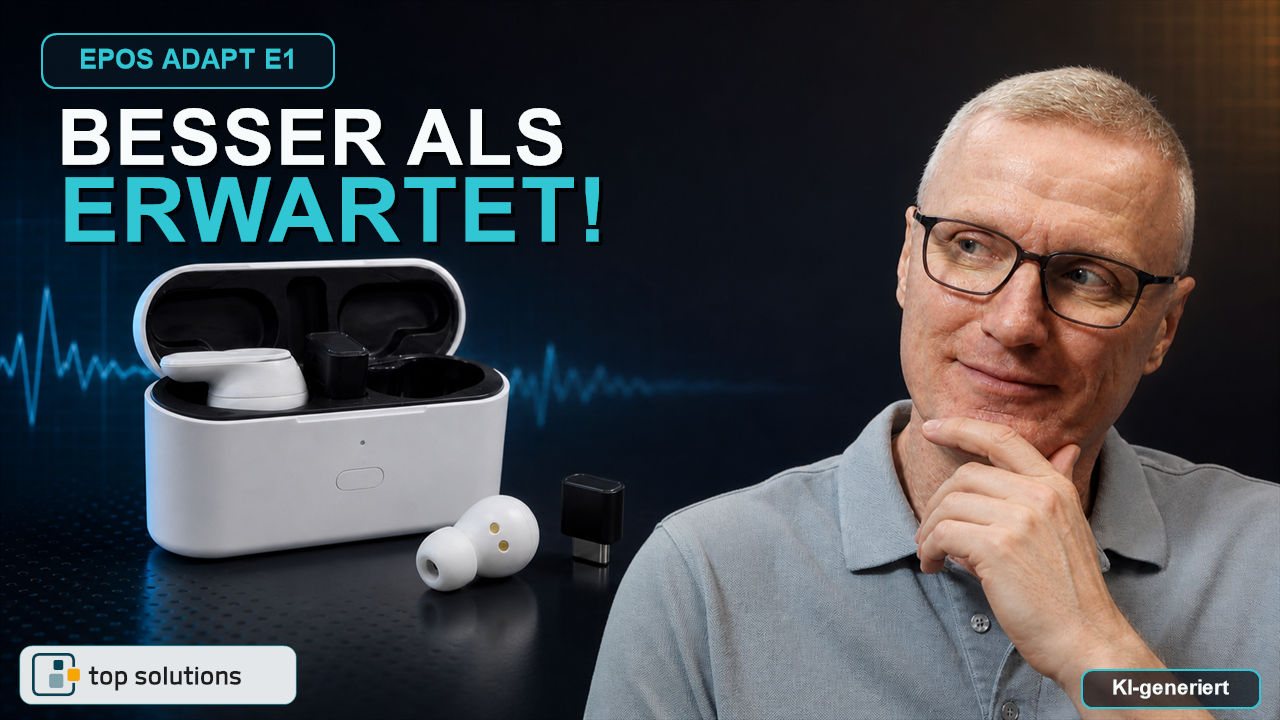 KI-generiertes Titelbild des EPOS-ADAPT-E1-Praxistests mit Dieter Liessmann und dem getesteten Headset